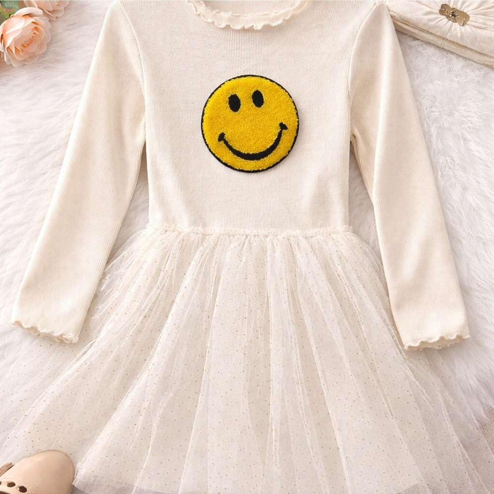 Petite Hailey Tulle Dress Girls Size 6 Cream Smiley Face Glitter‎ Boutique Dress